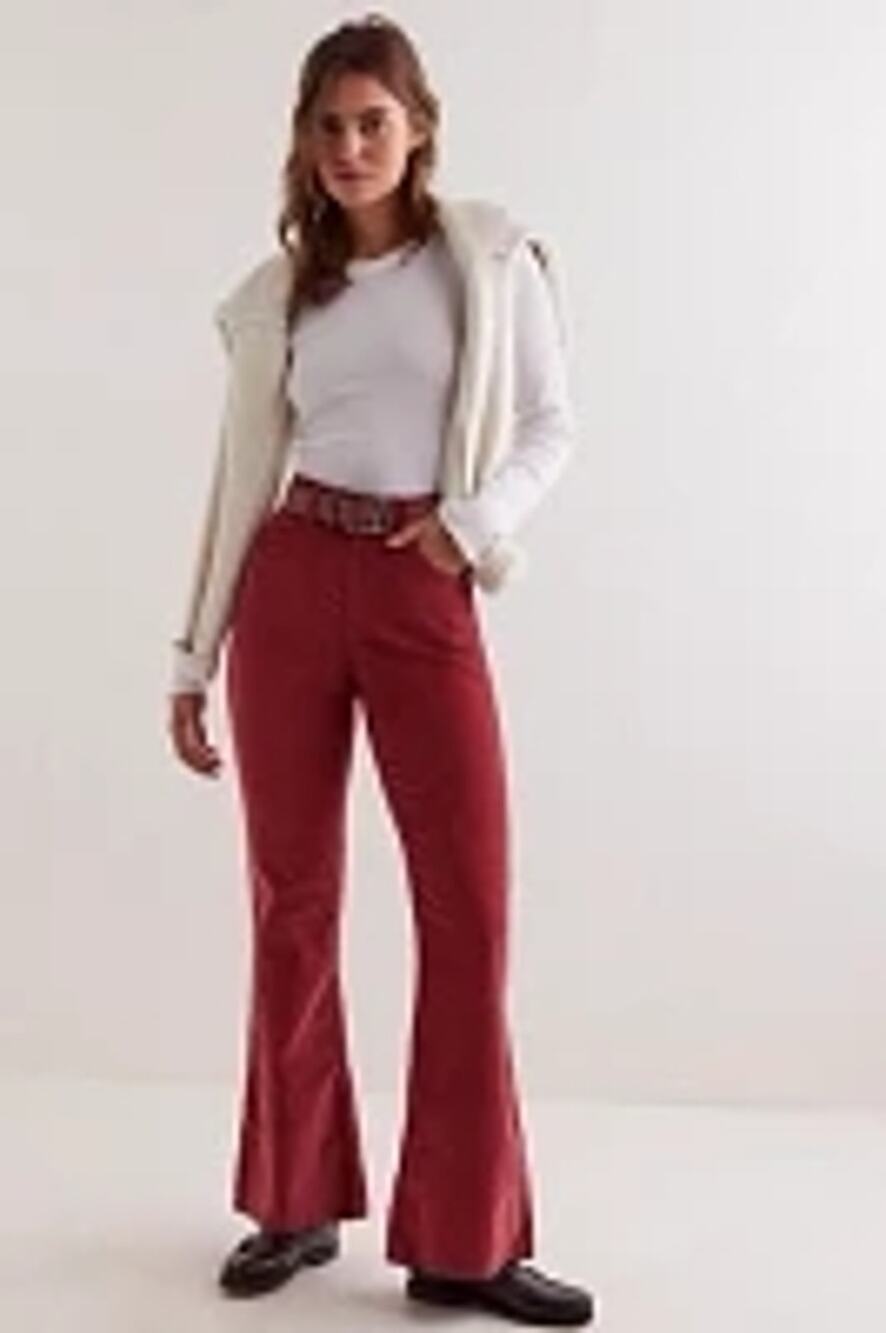 NWT FREE PEOPLE CRVY Karma Cord Flare Jeans WTF $128 LARGE Red Dahlia